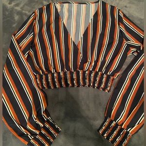 NWOT V Neck Striped Long Sleeve Crop Top